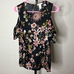 H&M Black Floral Cold Shoulder Top Size 6